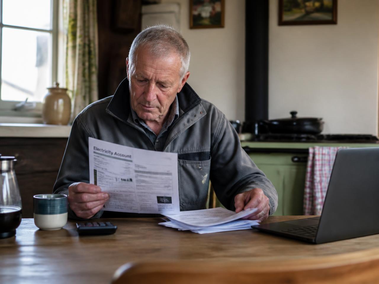 Farm owner reviewing an electricity bill at a kitchen table