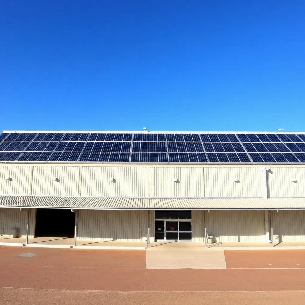 Rooftop solar array on a commercial warehouse in regional Australia