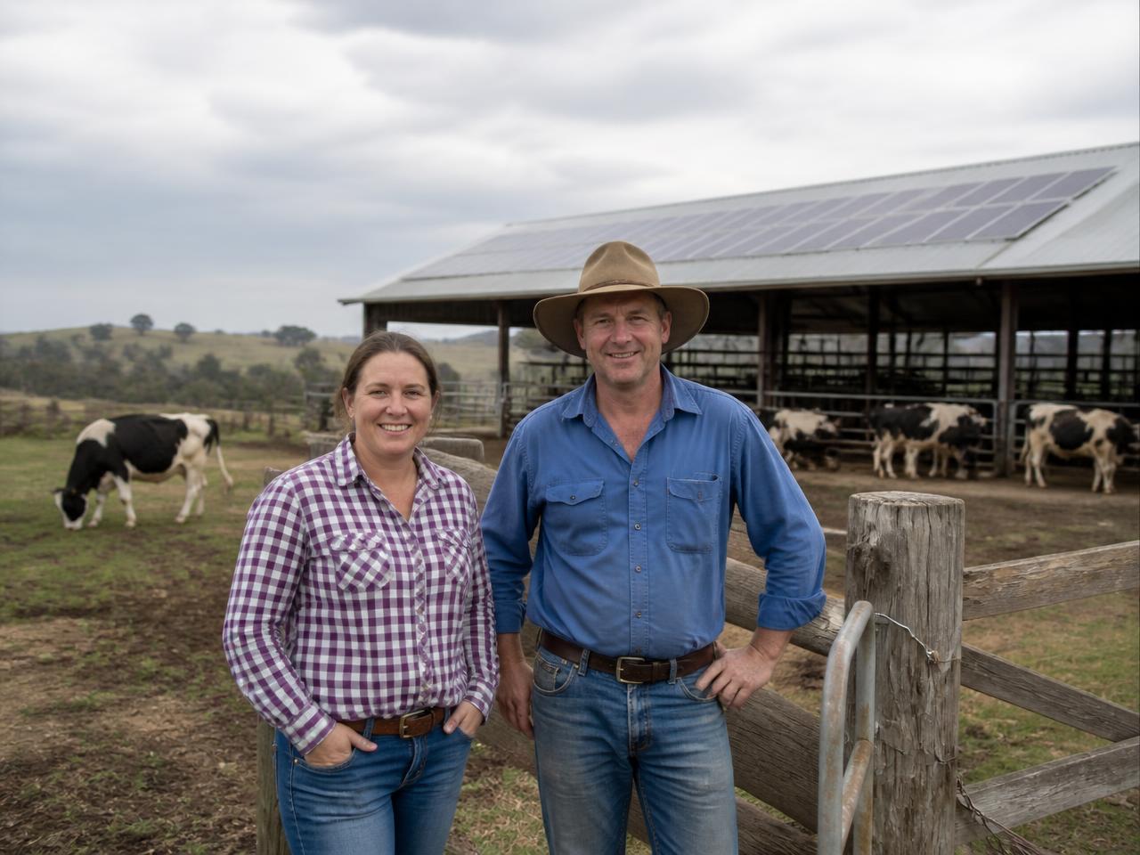 Two regional farmers standing beside a dairy shed with rooftop solar panels